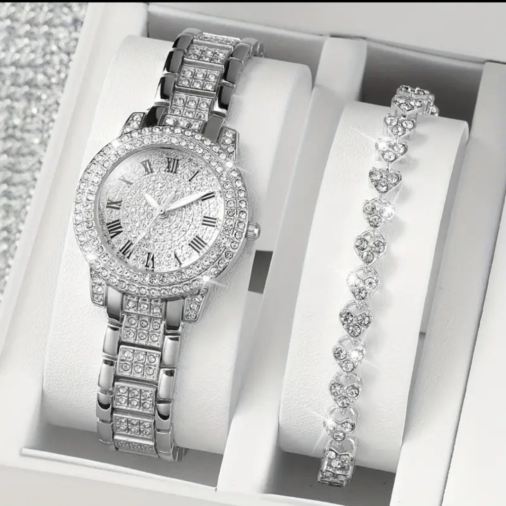 2pc Women's Rhinestone Quartz Watch & Heart Bracelet Valentine's Day Gift Set